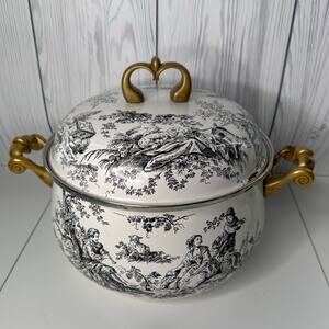 Rare Vtg Tabletops Unlimited Vitroceramic Pot w/Lid New England Toile 9in